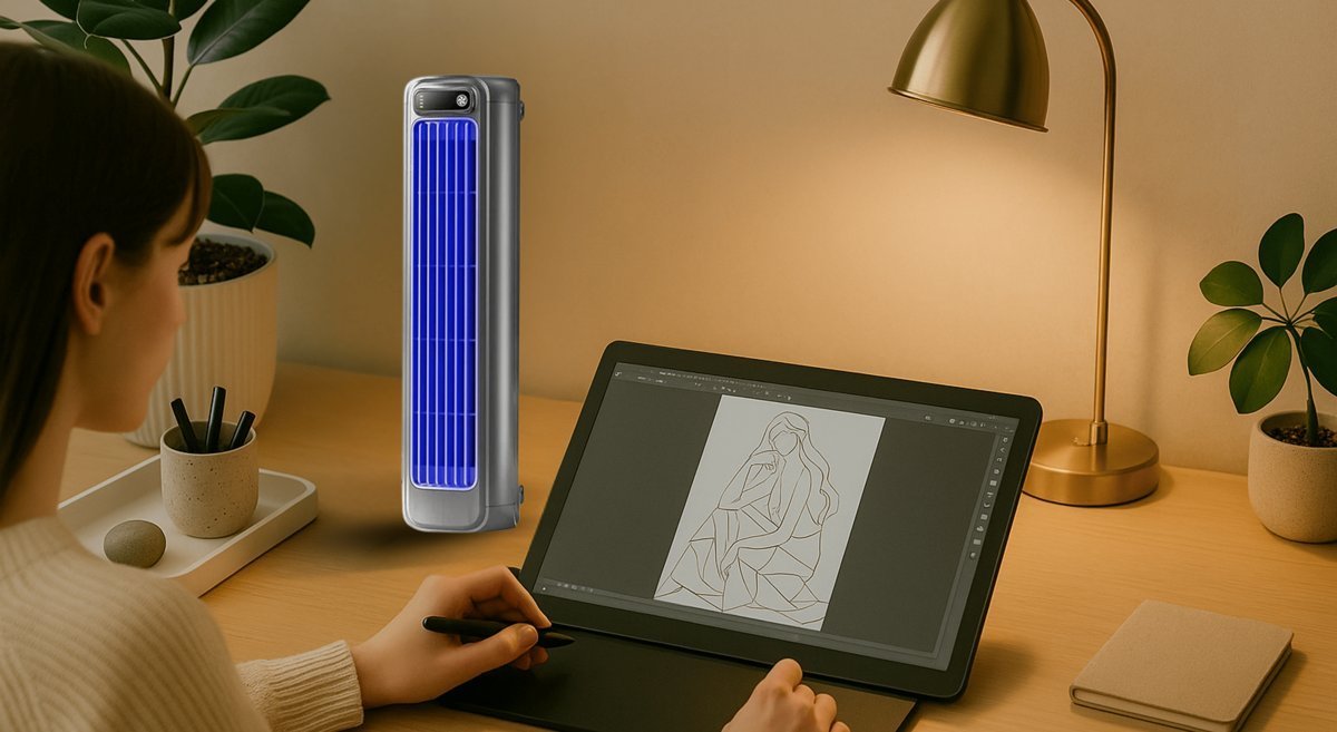 A customer's Vital Cooling Breeze set up on a desk, running within seconds of being plugged in.