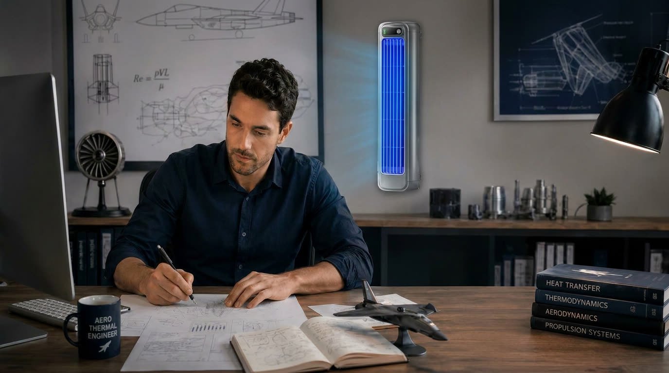 Daniel R., 47, with the Vital Cooling Breeze prototype in his Phoenix workshop.